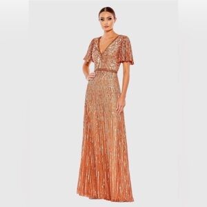 Mac Duggal Embellished V Neck Butterfly Sleeve Column Gown Copper Size 10 $598